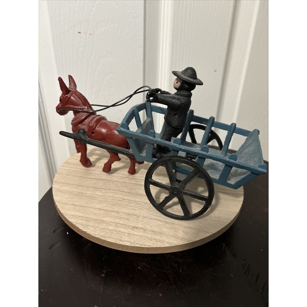 Vintage Cast Iron Donkey Cart with Standing Man in Sombrero 9 1/4" Long